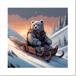 Teddy on a sledge riding down a hill in the snow Posters and Art